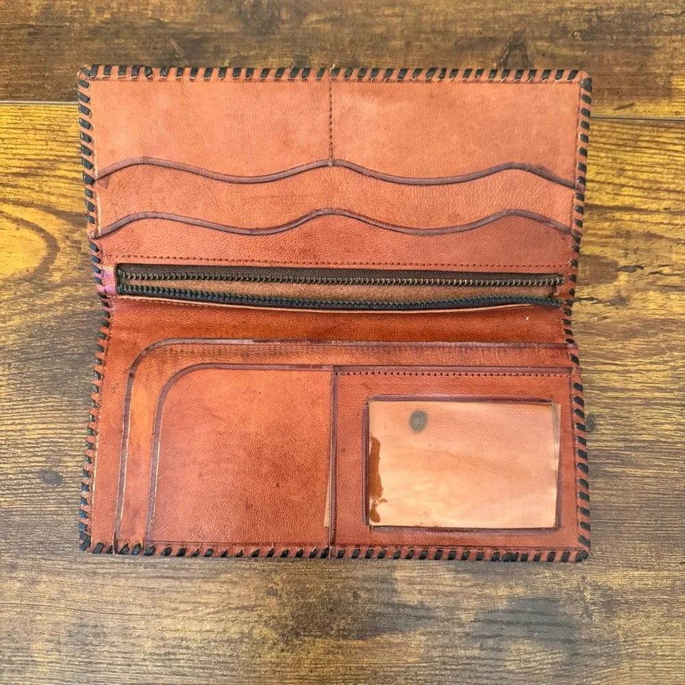 Hand Tooled Brown‎ Leather Aztec Calendar Long Wallet